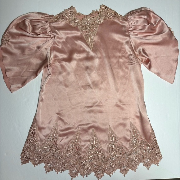 Vintage Capriccio Blush Pink 100% Silk Charmeuse Blouse Sz 10 Embroidered Lace - Picture 6 of 14